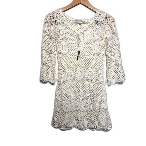 XXI Tops - XXI Blouse Crochet Knit Tunic Top Size Small Ivory Cream Boho Western y2k Floral